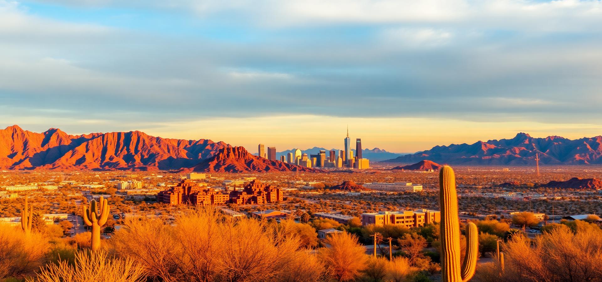 Phoenix Arizona skyline at sunrise with Sonoran desert