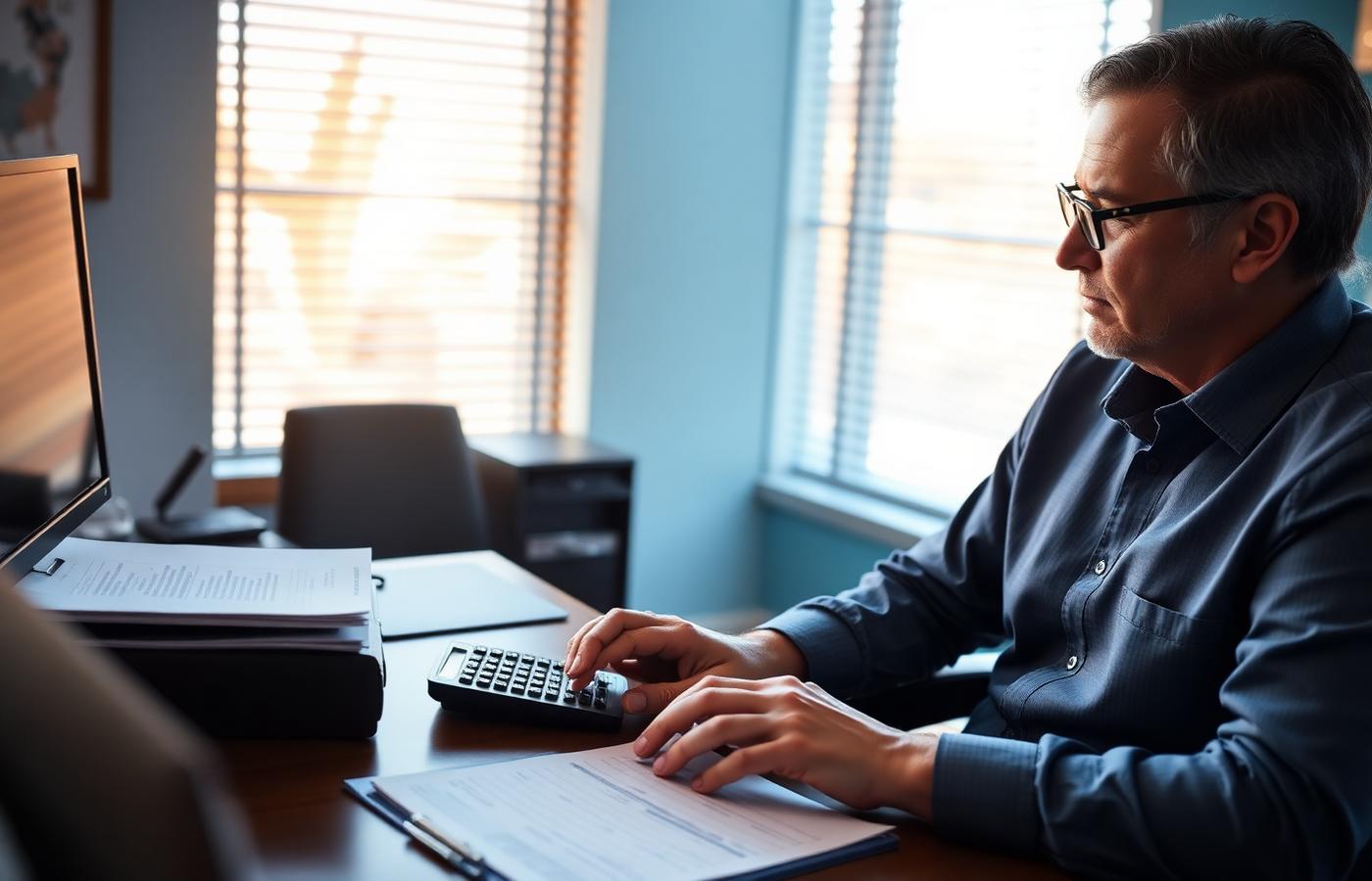 Arizona business owner using a calculator to review payroll records and a workers compensation premium worksheet