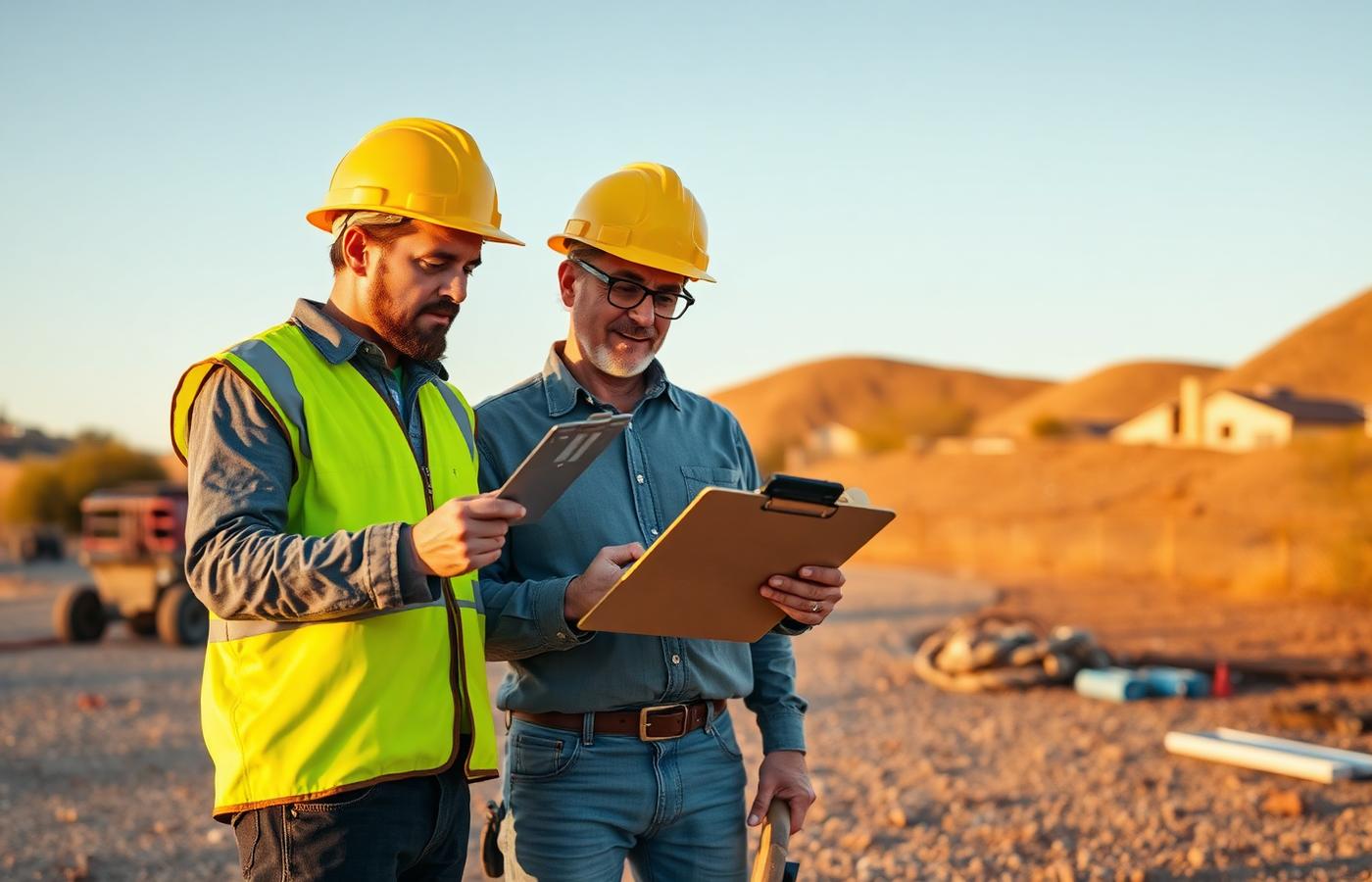 Arizona business owner and crew member reviewing workers compensation coverage paperwork at a desert job site