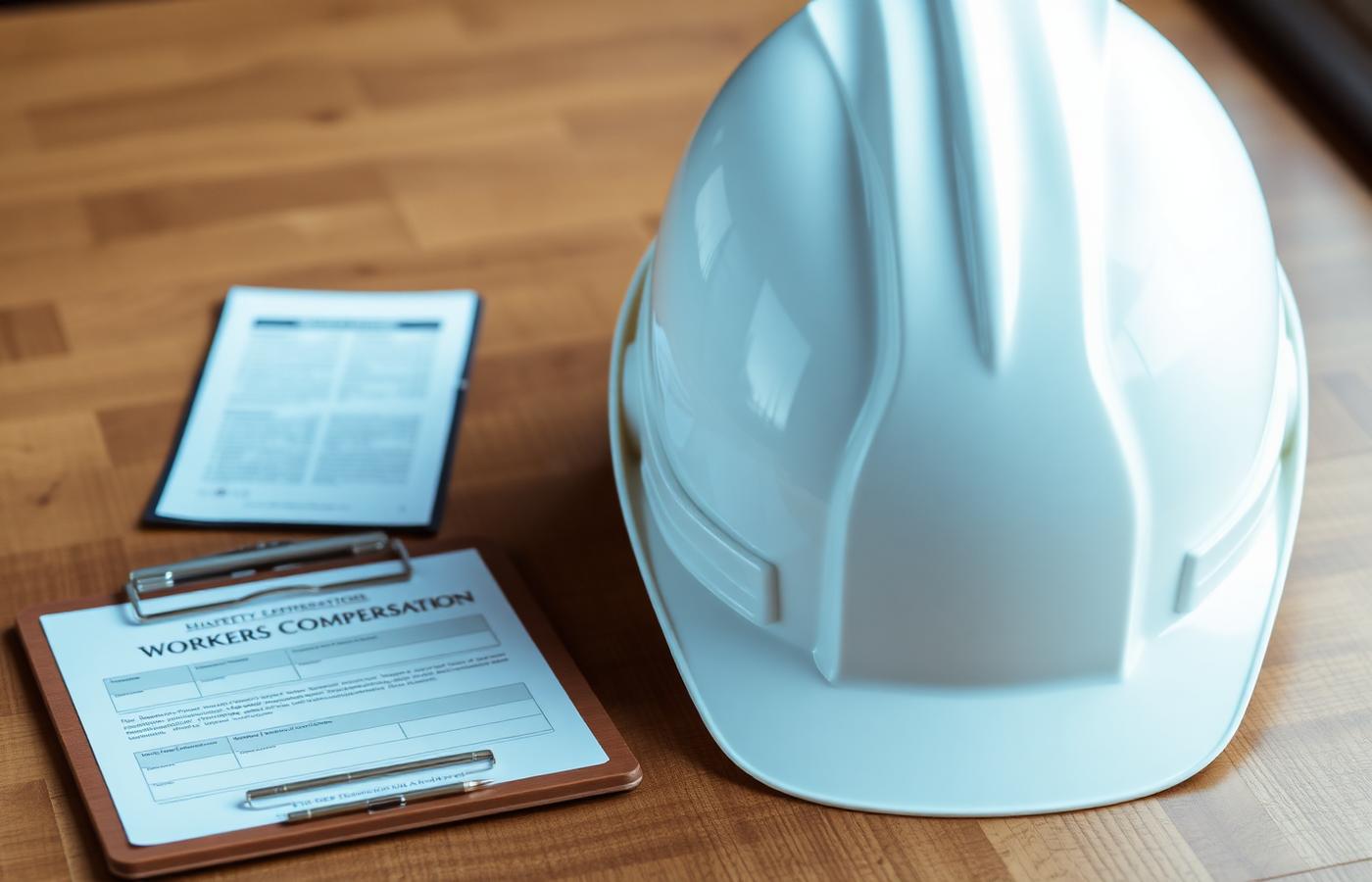 Hard hat and workers compensation clipboard representing workplace safety programs
